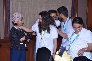 The winning team celebrates their victory in the TechCamp Chennai pitch competition.