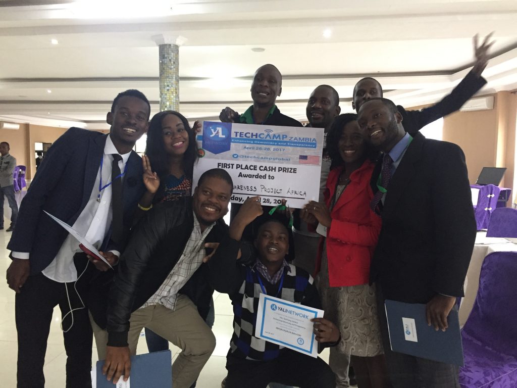 YAPA project members after winning the pitch competition at TechCamp Zambia